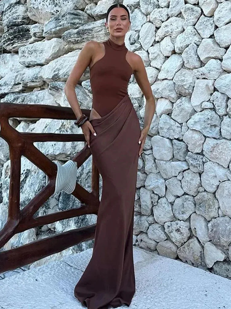 Hollow Out Satin Maxi Dress