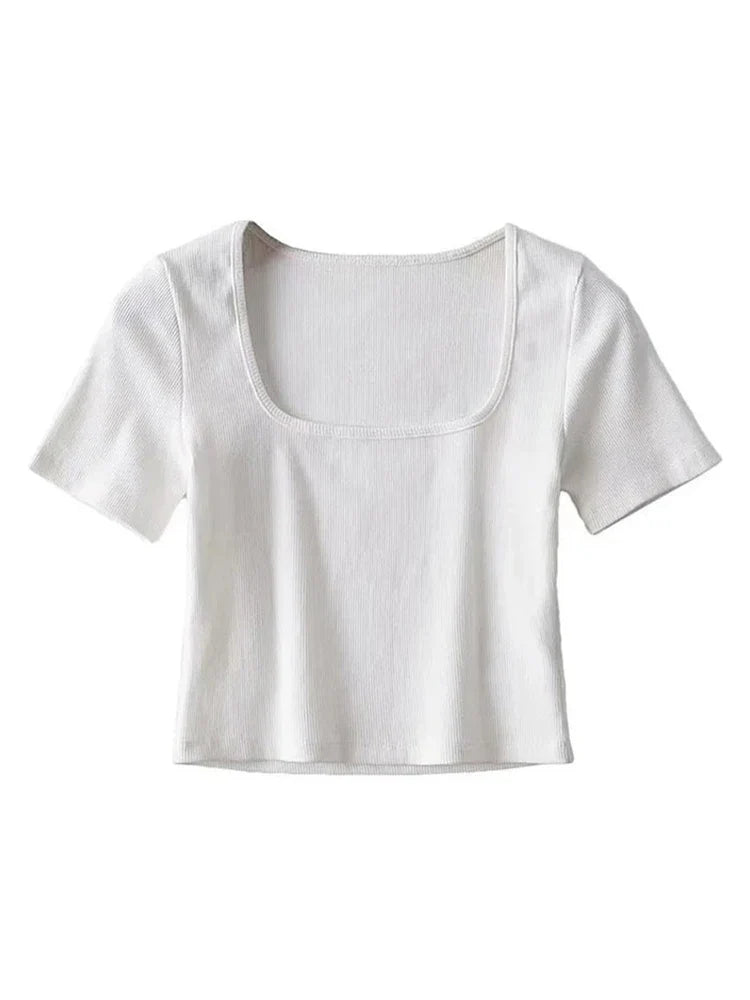Square Neck Ribbed Short Sleeve Crop Top