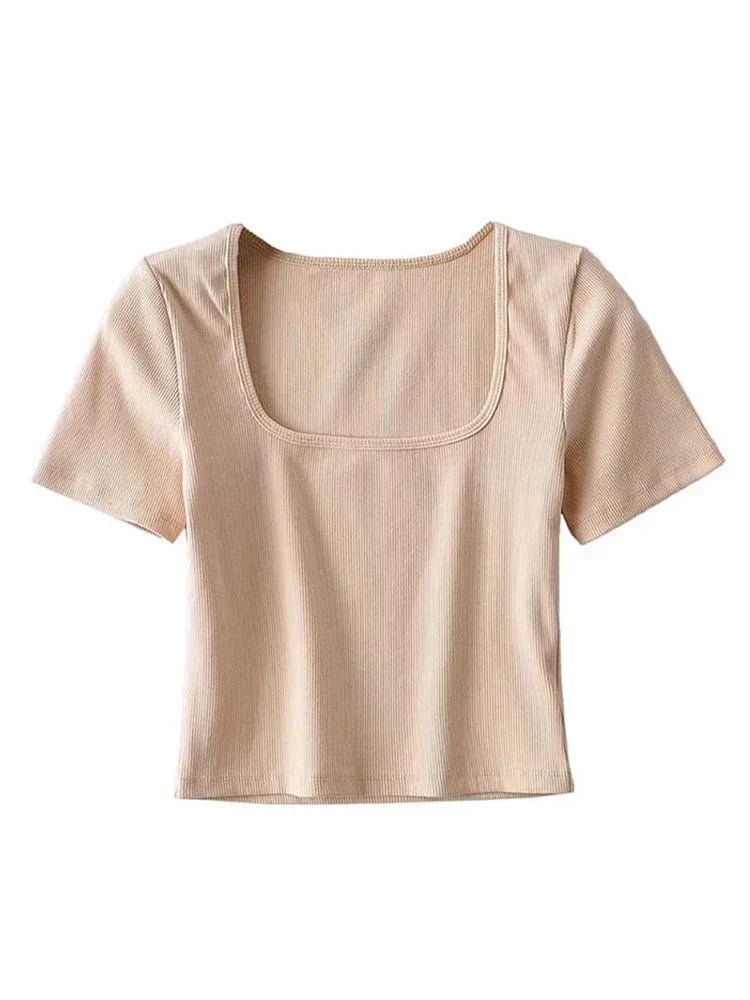 Square Neck Ribbed Short Sleeve Crop Top