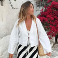 V-Neck Bow Lace-Up Puff Sleeve Loose Shirt