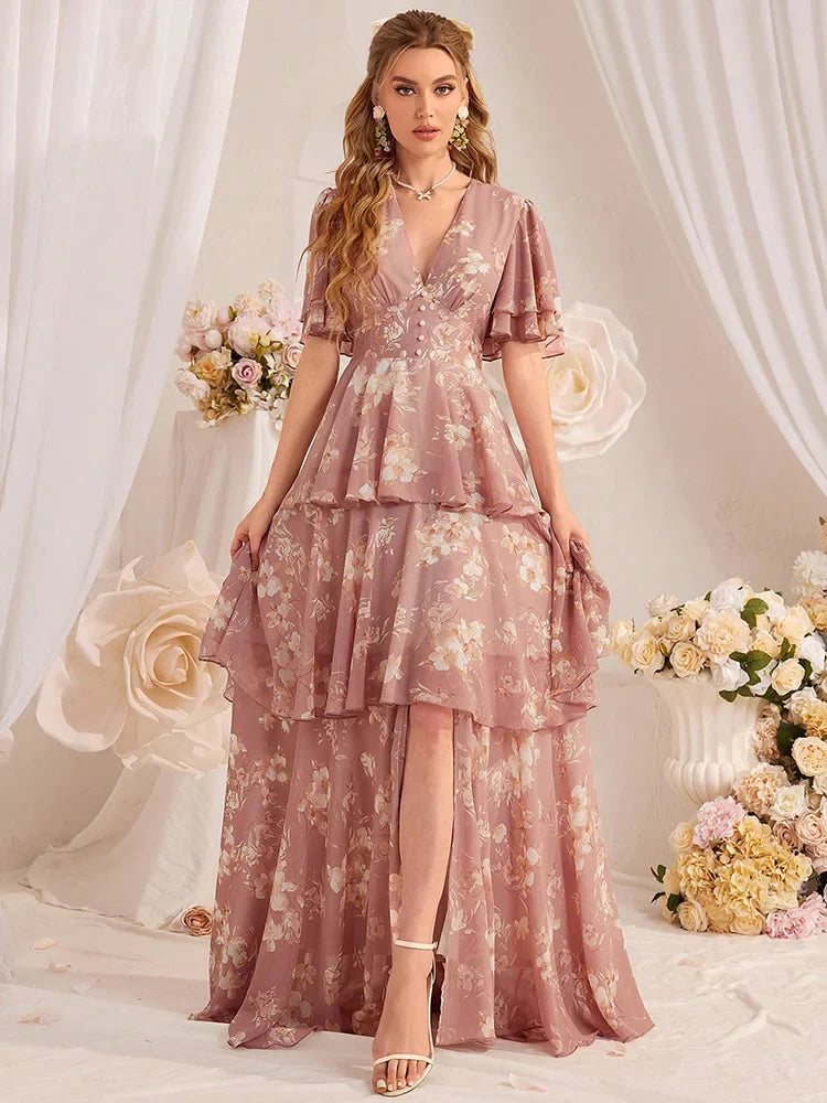 TOLEEN Casual Deep V-Neck Slim Floral Printed Tiered Ruffle Hem Long Dresses Fashion Elegant Women's Clothing