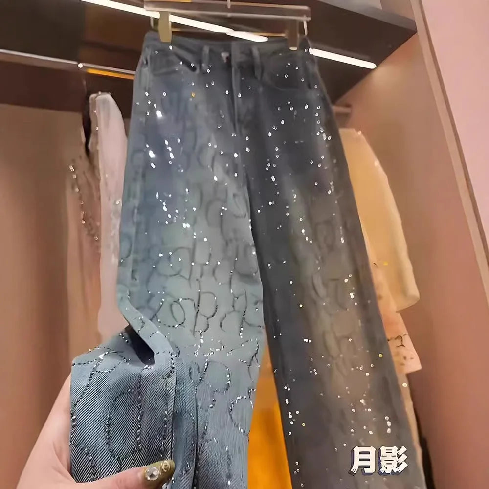 Women's Jeans 2025 New Style Heavy Industry High-end Versatile High-waisted Slim Straight Pants Blue Two-color Hot Diamond Jeans