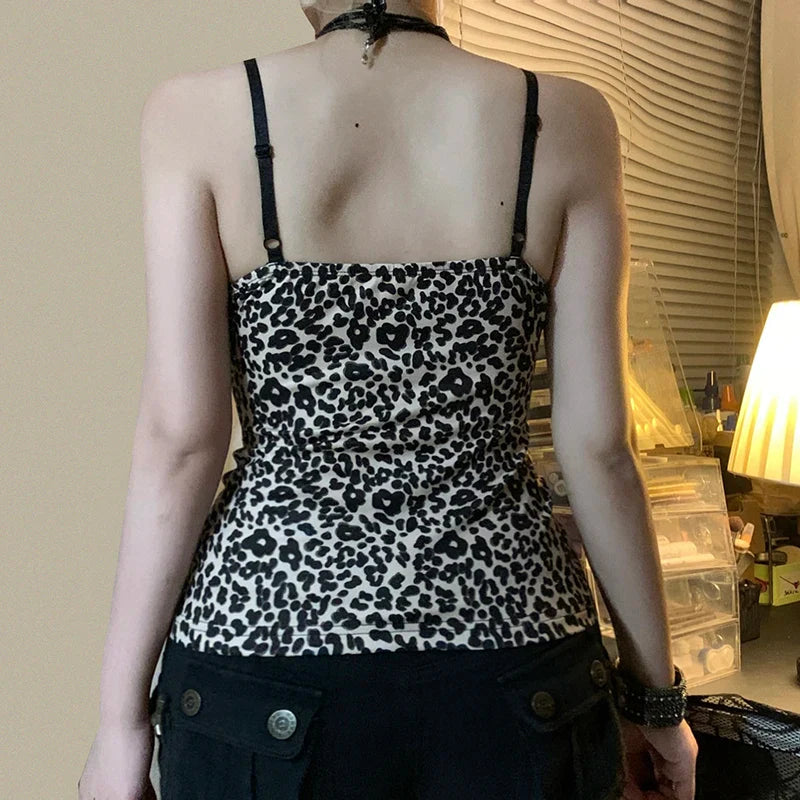 Leopard Print Slim Sexy Camisole Y2K Vintage Lace Patchwork V Neck Spaghetti Strap Tank Top