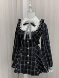 Japanese Lace Plaid Dress Kawaii Grunge Ruffled Long Sleeve Y2K JK Lolita