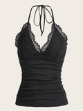 Women's Gothic Lace Patchwork Halter Top | Backless Ruched Tank | Y2K Streetwear