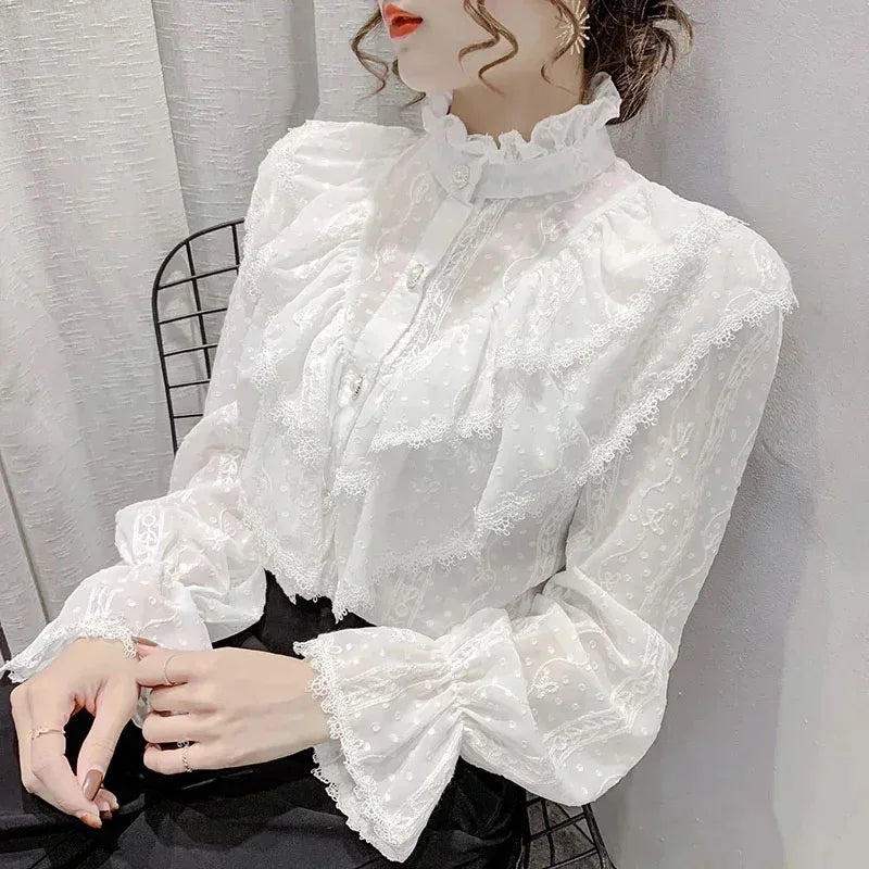 Elegant Stand Collar Pleated Tops Casual Ruffle Lace Blouse