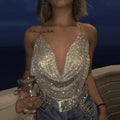 Women's Rhinestone V-Neck Backless Glitter Crop Top