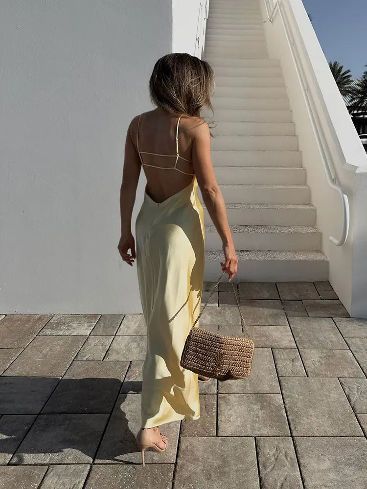 Satin Sling Backless Maxi Dress