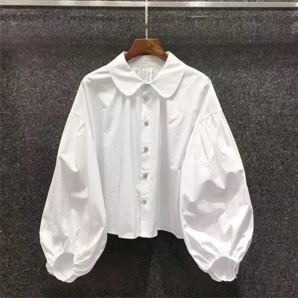 Vintage Peter Pan Collar Blouse Women Puff Sleeve White Shirt Korean Fashion