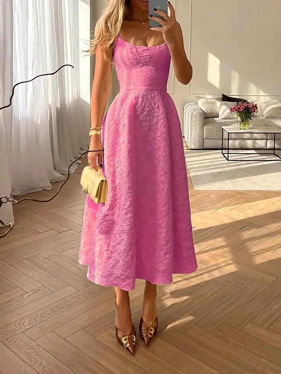 Elegant Solid Color French Style Sling Midi Dress with Waist Detail