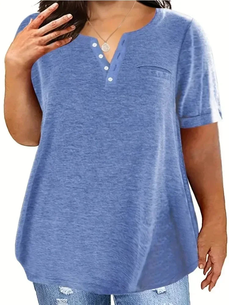 Plus Size 1XL-8XL Women's Loose Tops Ladies Casual V-neck Short Sleeve Pocket T-shirt Spring and Summer New Style