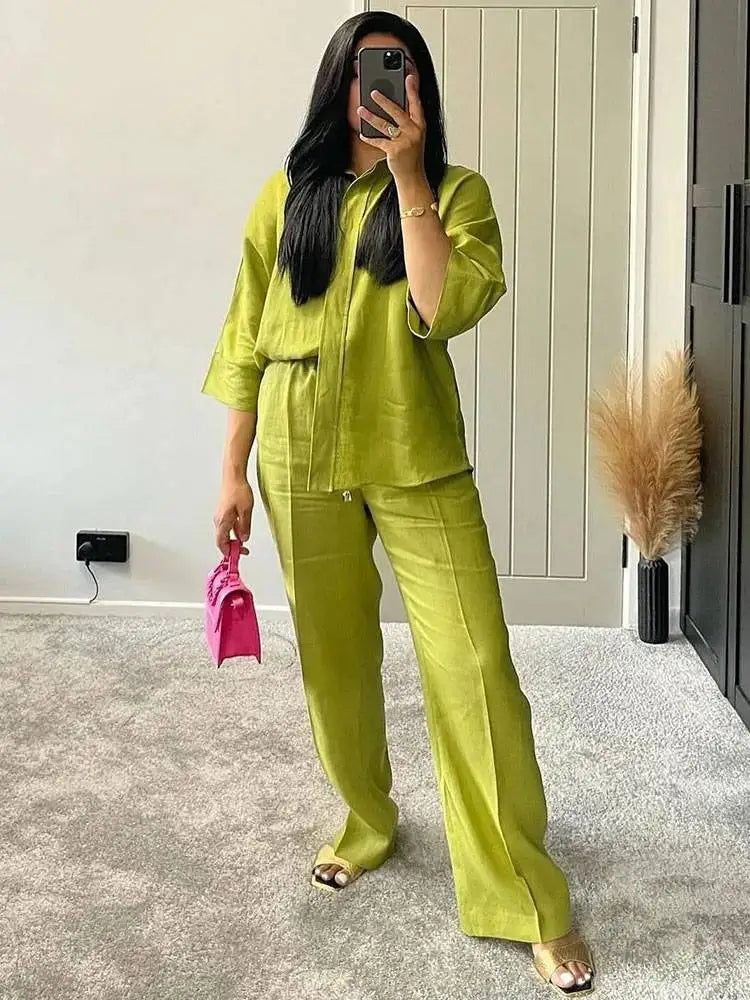 Turn-Down Collar Button Blouse & Wide Leg Pants Set