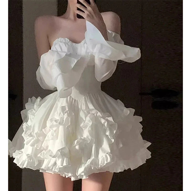 Elegant White Mini Dress Strapless Ruffles Backless Party Prom Dress