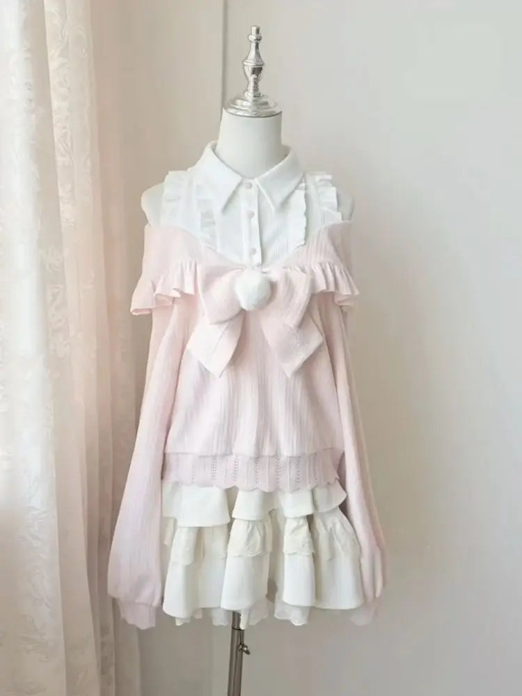 V-Neck Lace Knit Sweater Long Sleeve Loose Fit Pullover with Bow Detail