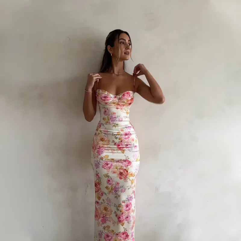 Women's Floral Spaghetti Strap Dress - Sleeveless Slim Fit Maxi