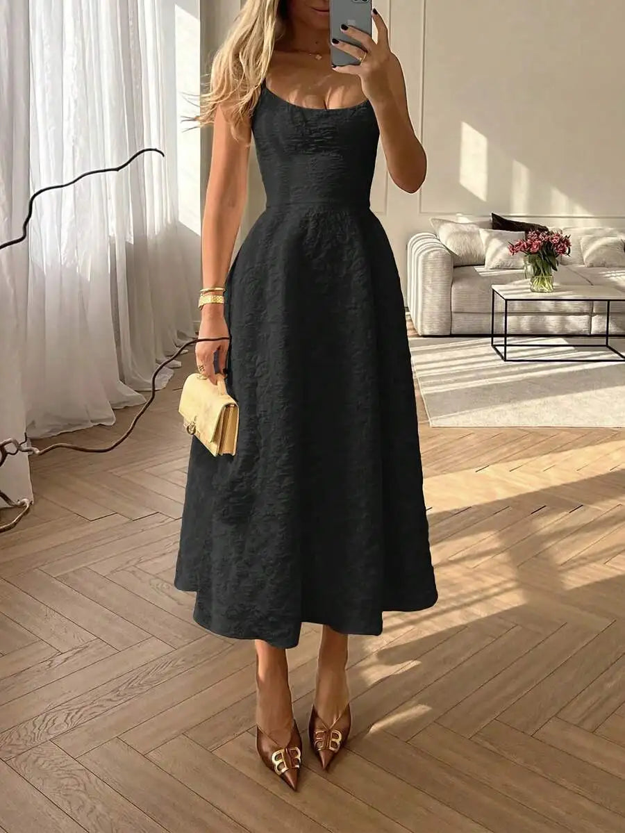 Elegant Solid Color French Style Sling Midi Dress with Waist Detail