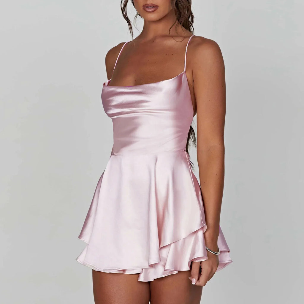 Satin Cowl Neck Backless Cami Romper