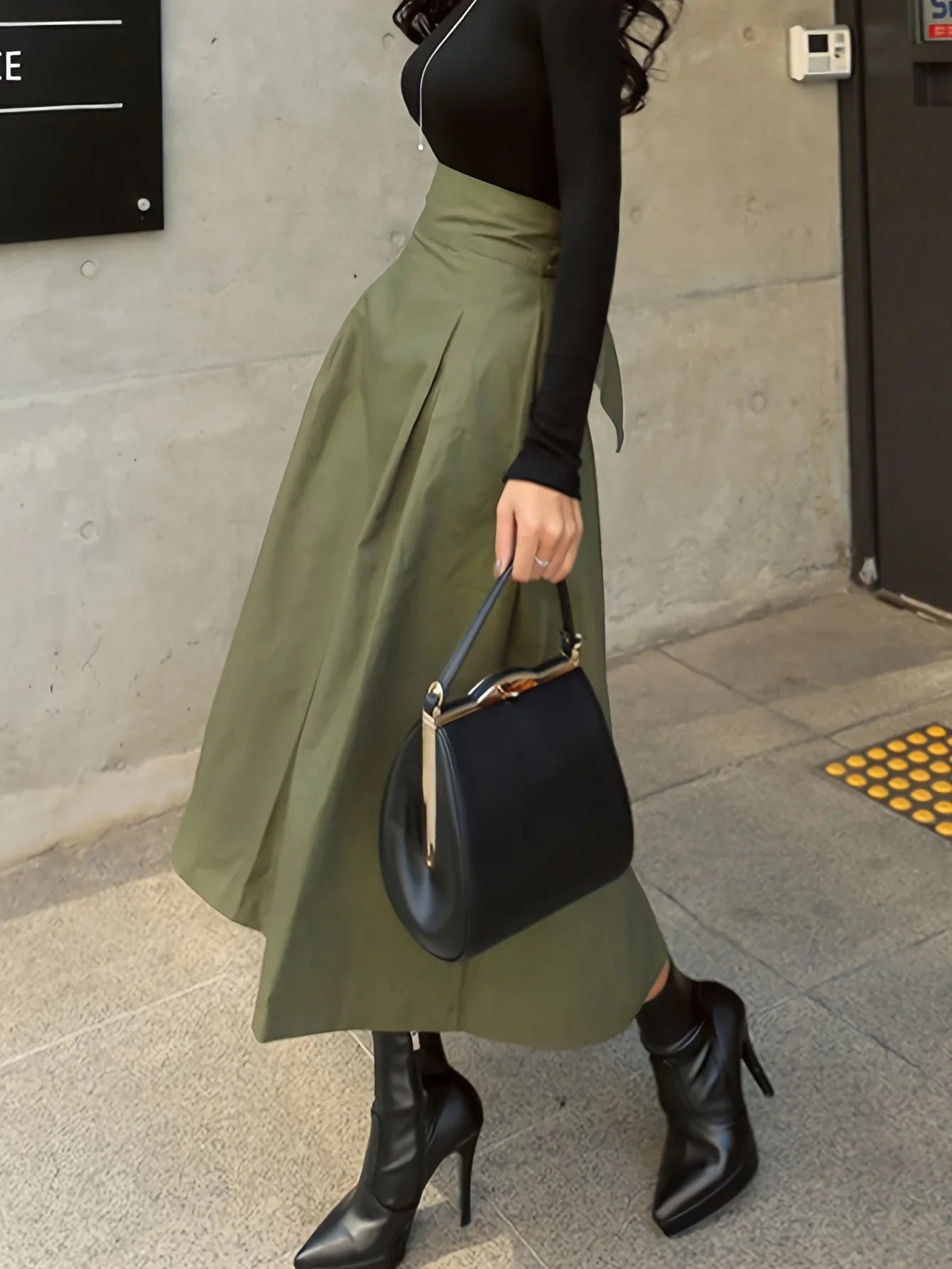 Women's A-Line Skirt - High Waist Preppy Style with Bow