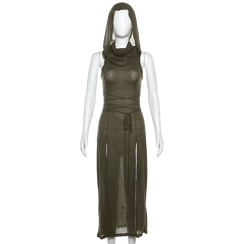 Goth Dark Cyber Gothic Hooded Dress Y2K Punk Grunge Hollow Out Midi Dress Women Split Side Streetwear