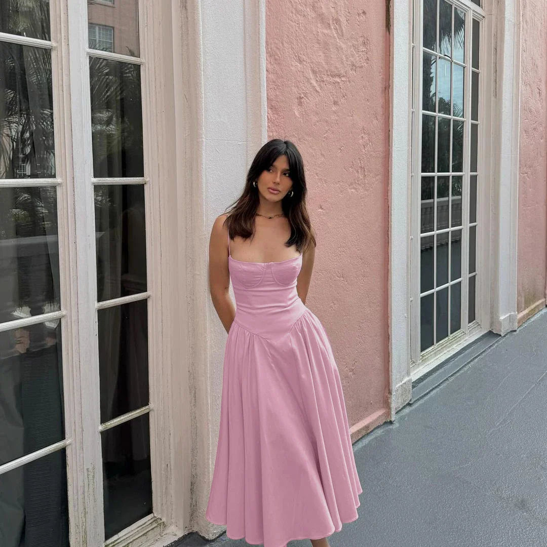 Spaghetti Strap Summer Party Midi Dress Fit and Flare Elegant Night Date Dress