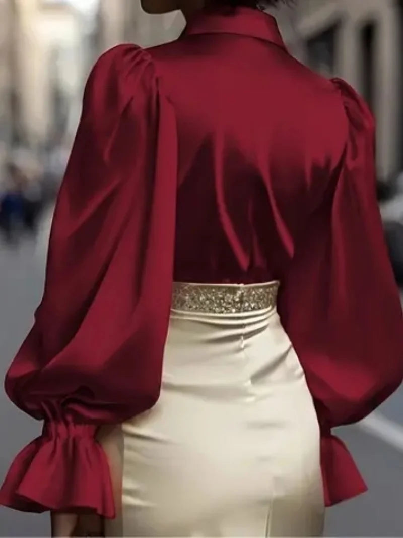 Women's Satin Blouse with Ruffled Sleeves - Office Casual Top