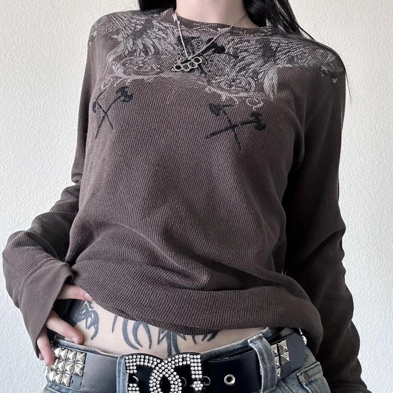 Goth Thermal T-shirt Skulls Graphic Print Long Sleeve Pullovers Tops Women 90s Vintage Aesthetic Tees