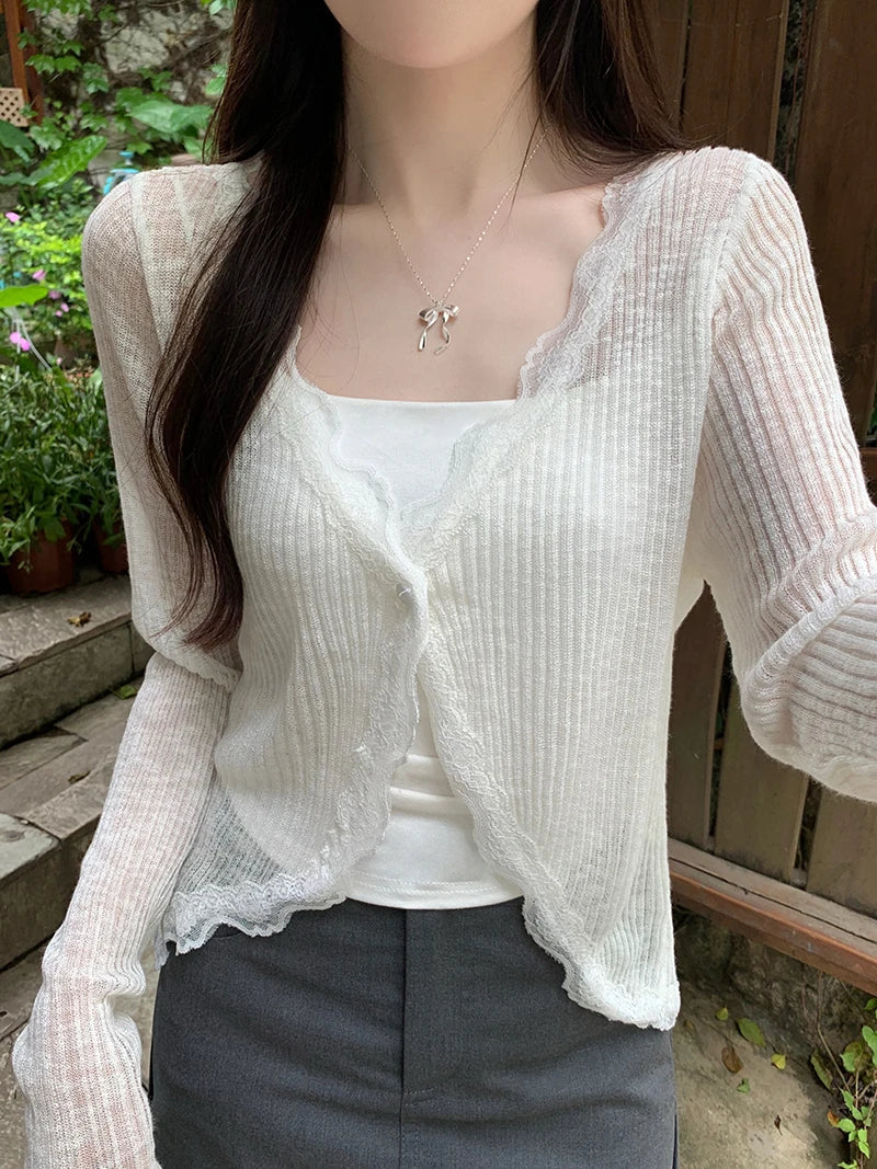 Women's Lace Trim Crop Cardigan - One Button Knit Top