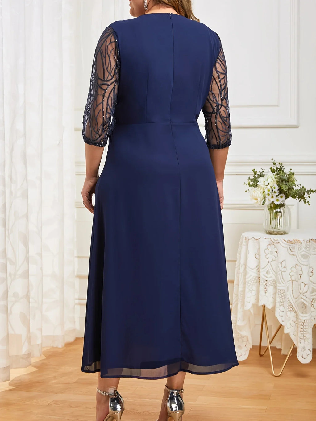 Embroidery Bead Mesh Chiffon Patchwork Regular Fit Dress Plus Size Office Lady Cocktail
