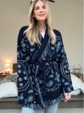 Women's Geometric Print Cardigan - Tassel Patchwork Knit Sweater