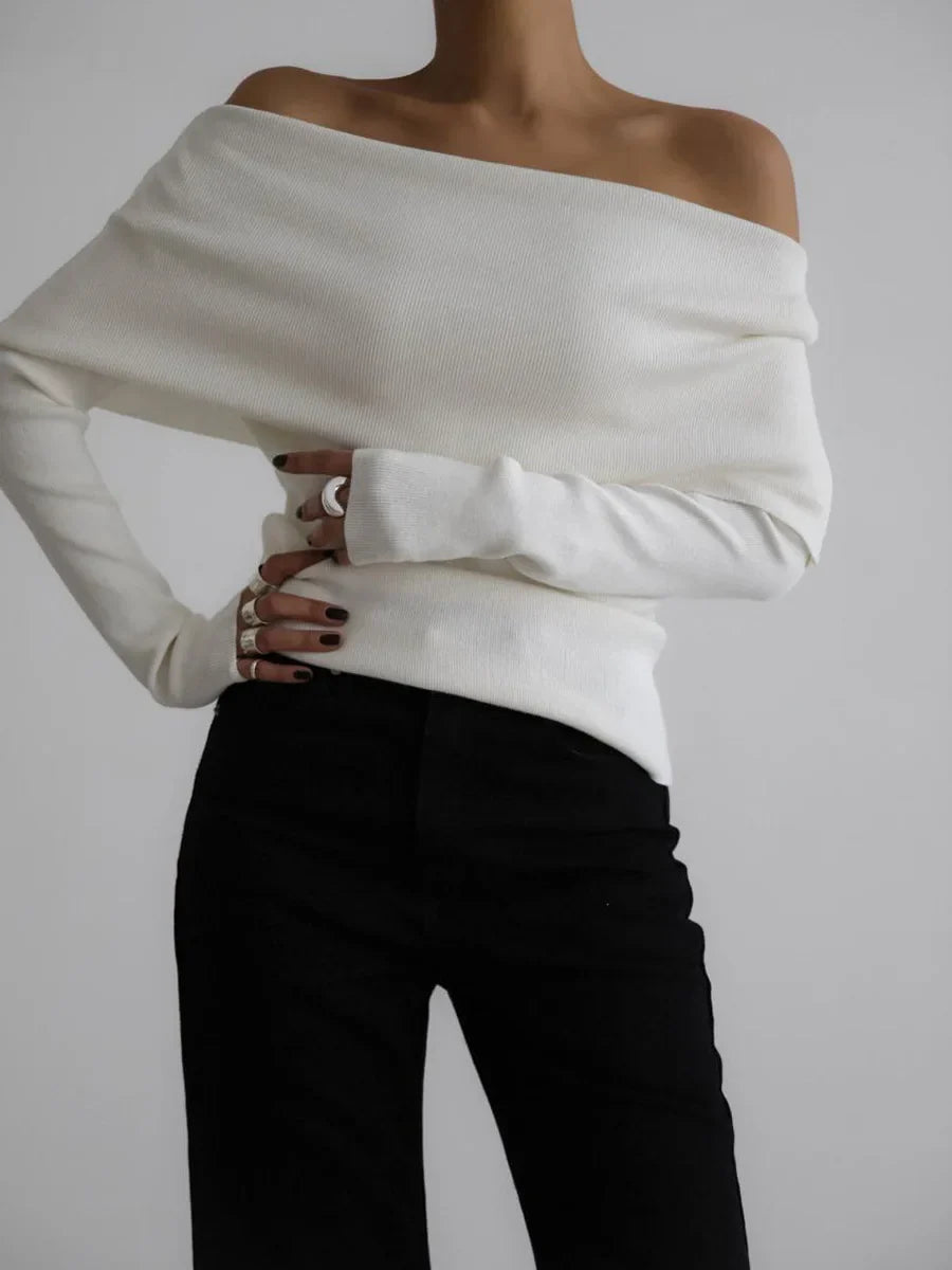 Off Shoulder Knit Sweater Long Sleeve Slim Fit Pullover