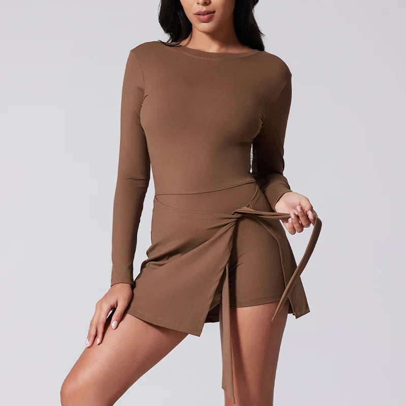VITALINOVO Womens High Neck Tennis Dress Long Sleeve Sarong Wrap Skirt Built in Shorts Golf Athletic Dress Workout Rompers