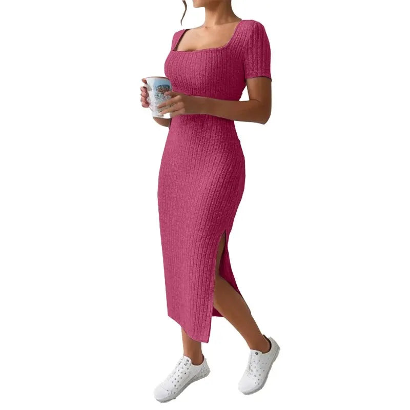 Square Neck Knitted Slit Dress Mid-Calf Sleeveless Hip-Hugging