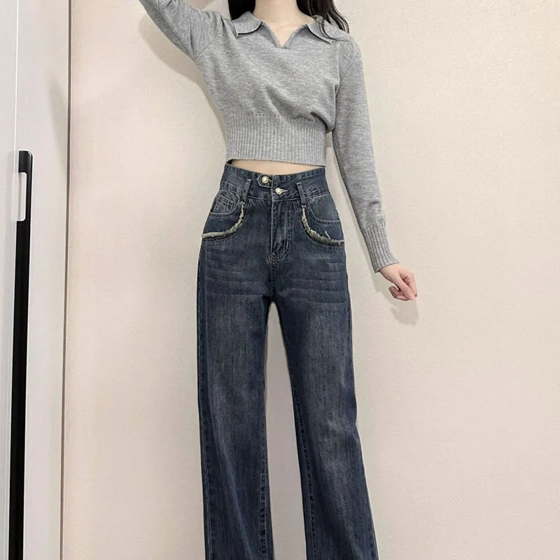 Button-Up Collar Cropped Knit Sweater Long Sleeve Slim Fit