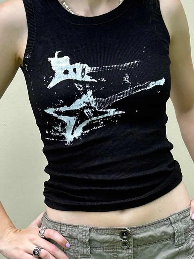 Women's Guitar Print Ribbed Tank Top