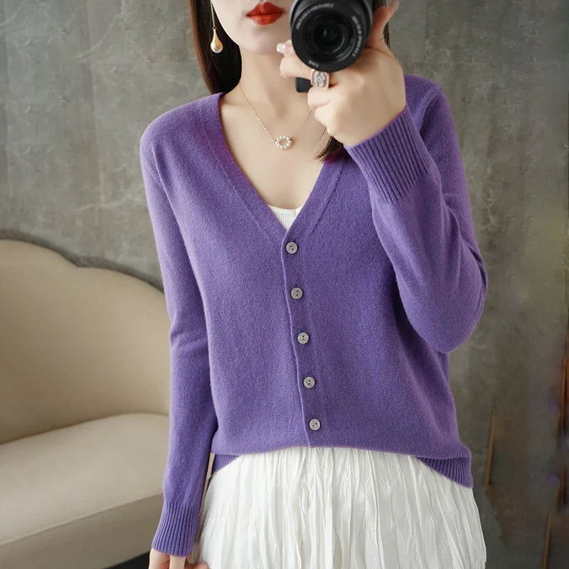 Women's V-Neck Knitted Cardigan - Loose Fit Button-Up Sweater