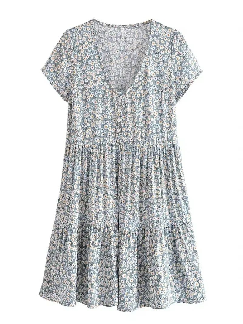 Women's Vintage Floral Print Boho Mini Dress