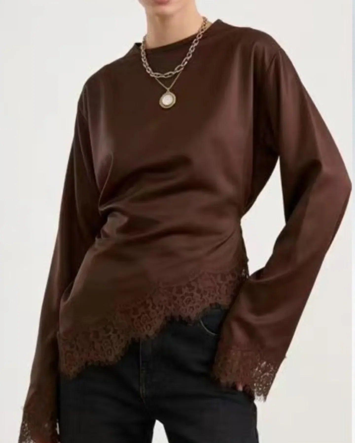 Women's O-Neck Lantern Sleeve Satin Lace Patchwork Loose Blouse