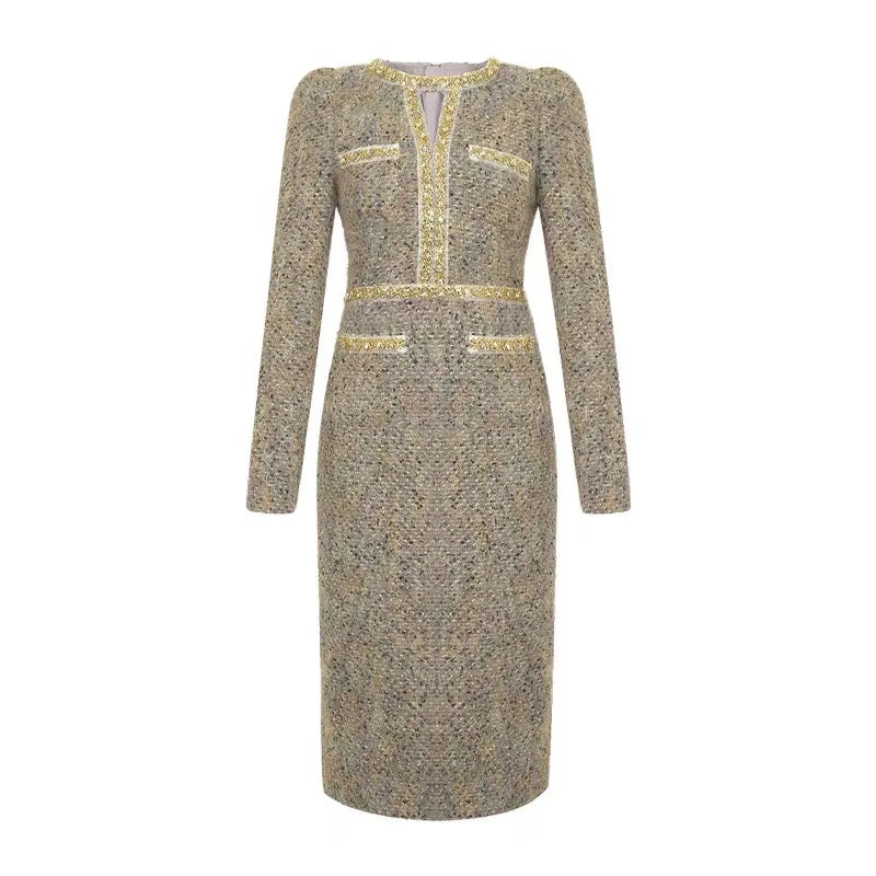 Women's Vintage Tweed Hollow Midi Dress