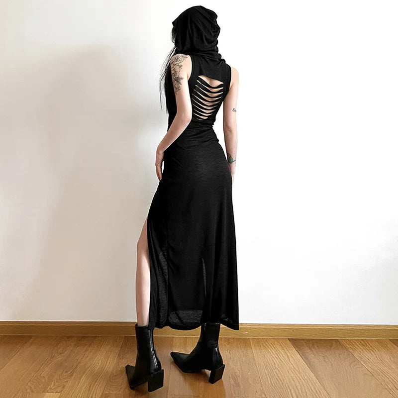 Goth Dark Cyber Gothic Hooded Dress Y2K Punk Grunge Hollow Out Midi Dress Women Split Side Streetwear