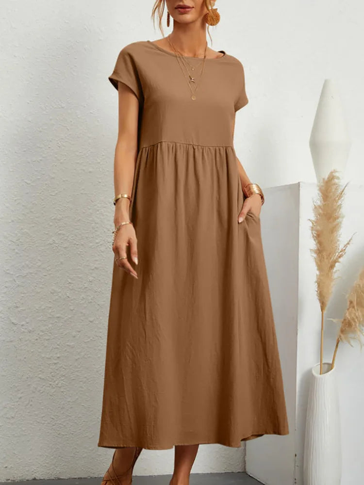 Cotton Linen Short Sleeve Shirred Loose Maxi Sundress