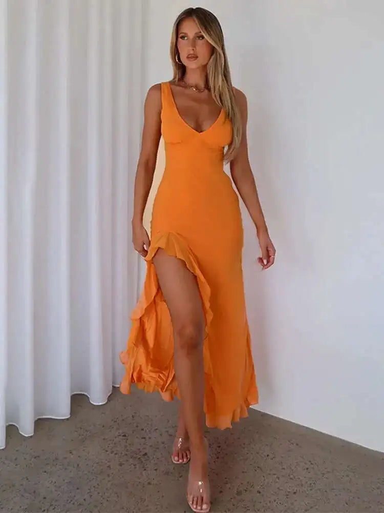 Ruffle Spaghetti Strap Backless High Split Midi Dress