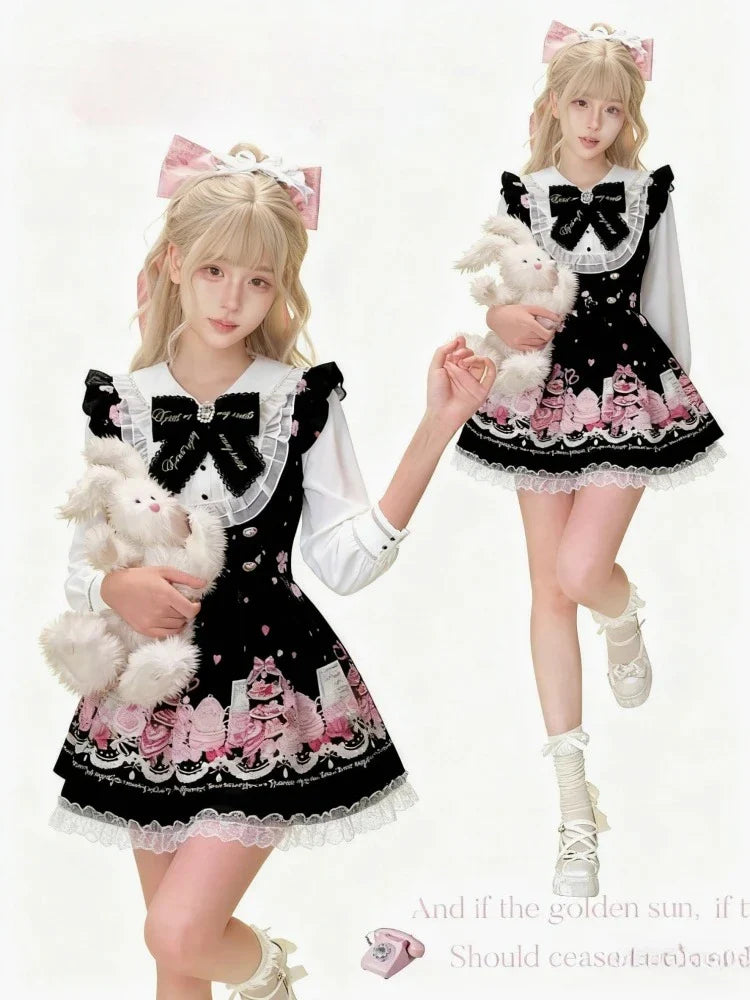 Harajuku Sweet Bow Black Plaid Dresses All-match Slim Fit Kawaii Lolita Dress
