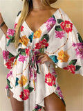Floral Print V-Neck Batwing Sleeve Loose Mini Dress