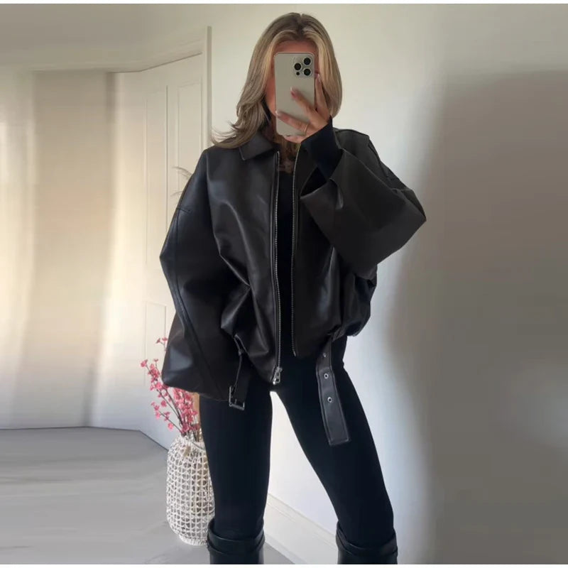Women's Vintage PU Leather Bomber Jacket with Belt