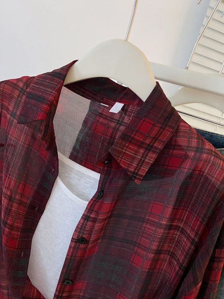 Plaid Single-Breasted Long Sleeve Loose Lightweight Shirt