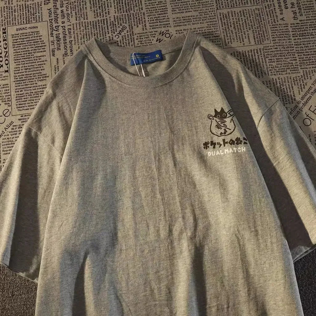 Japanese Retro Pocket Cat Print Oversized Tee