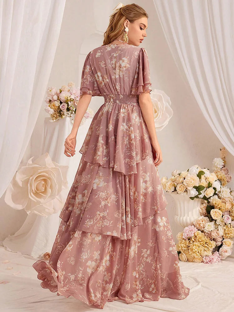 TOLEEN Casual Deep V-Neck Slim Floral Printed Tiered Ruffle Hem Long Dresses Fashion Elegant Women's Clothing