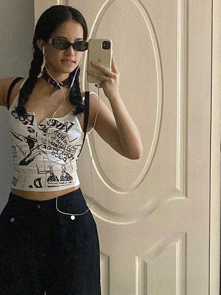 Y2K Punk Print Ribbed Sleeveless Crop Tank Top