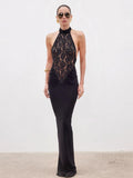 Lace Patchwork Turtleneck Sleeveless Sheath Maxi Dress