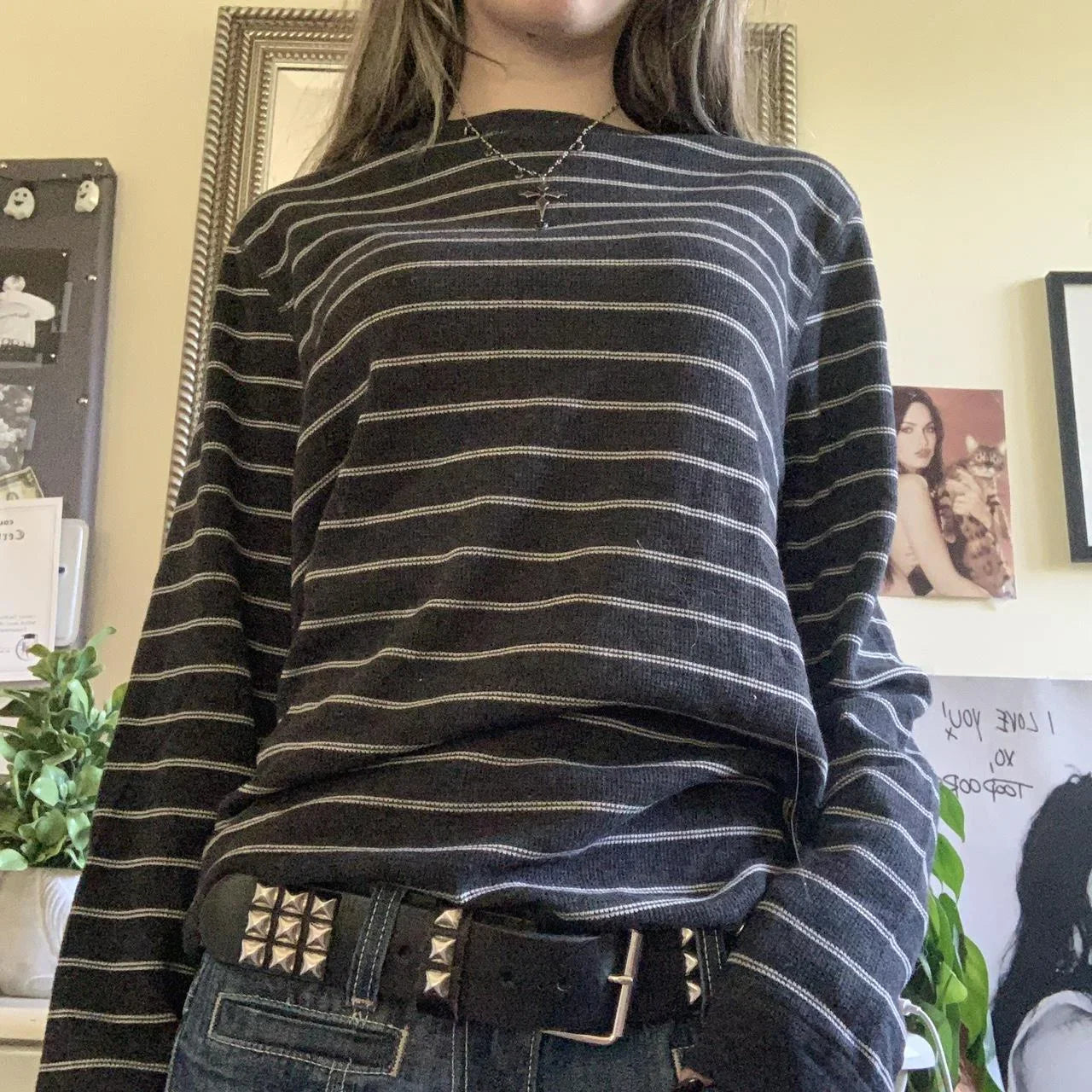 Striped Long Sleeve T-Shirt Women V-Neck Baggy Top